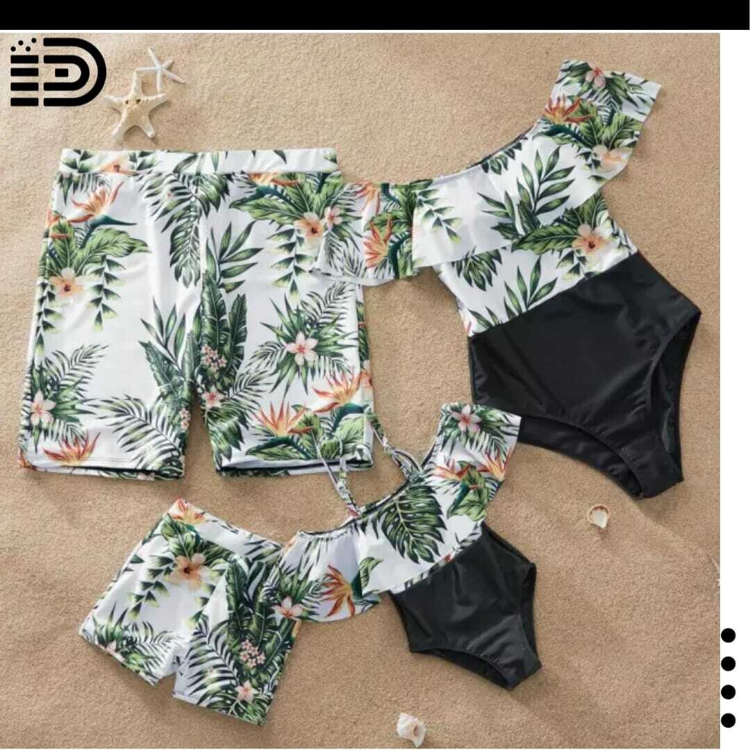 Matching Family Swimwear -  Black Monokini with White &amp; Green Leave Print.   White &amp; Green Leave Print.