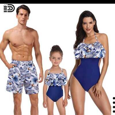 Matching Family Swimwear - One Piece Blue Monokini with White & Blue Coconut Print Swim Trunks