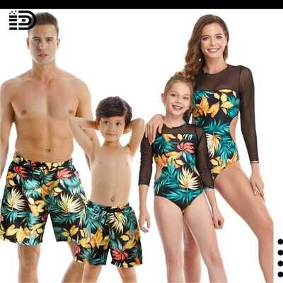 Matching Family Swimwear - Long Sleeved Black Monokini with Yellow & Green Floral Print. Black , Yellow & Green Floral Swim Trunks