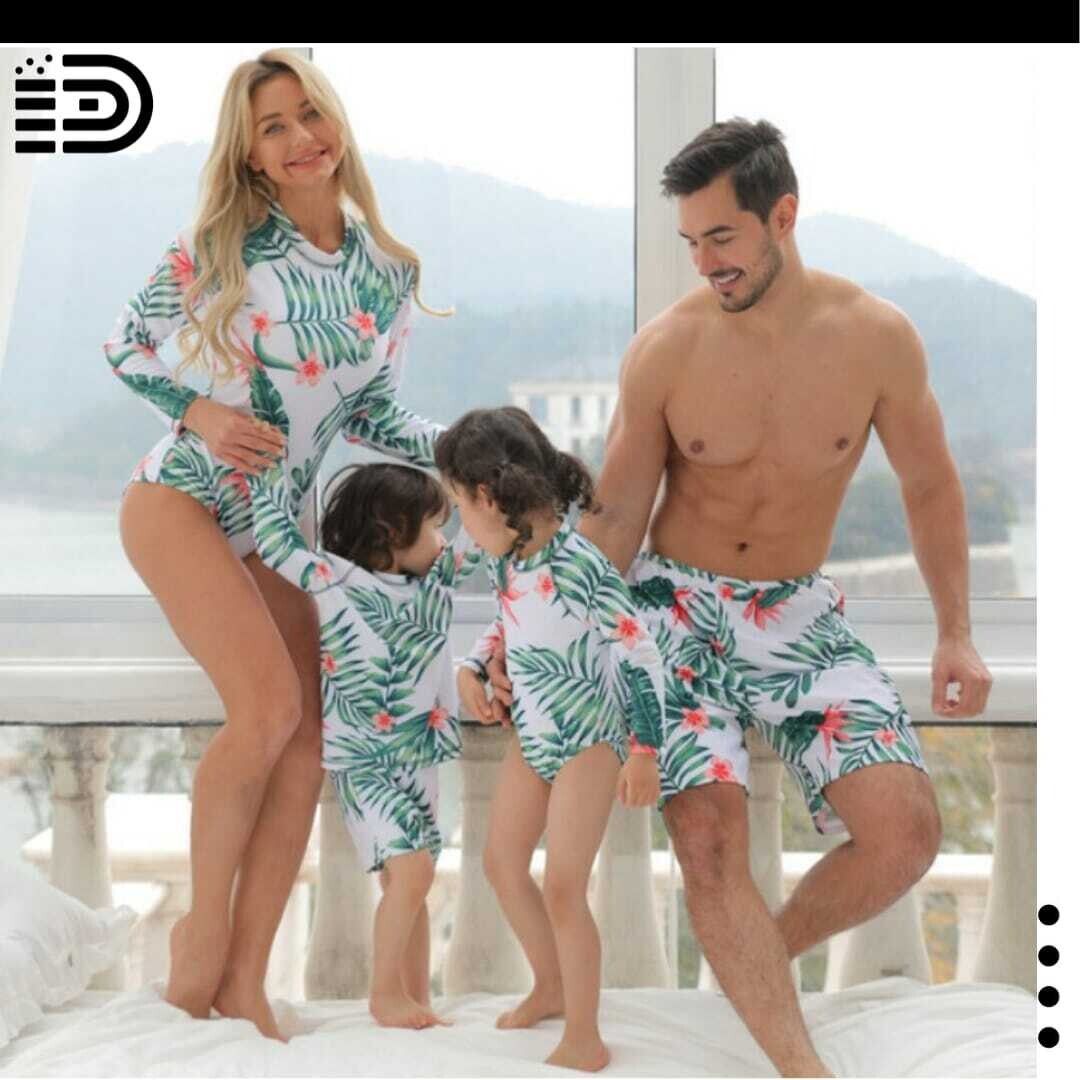 Matching Family Swimwear -  Long Sleeved White Monokini with Pink &amp; Green Floral Print. White ,Pink &amp; Green Floral Swim Trunks