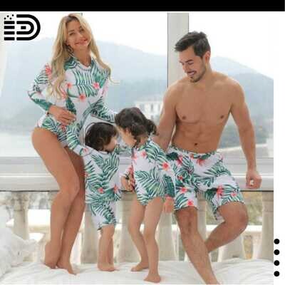 Matching Family Swimwear - Long Sleeved White Monokini with Pink & Green Floral Print. White ,Pink & Green Floral Swim Trunks