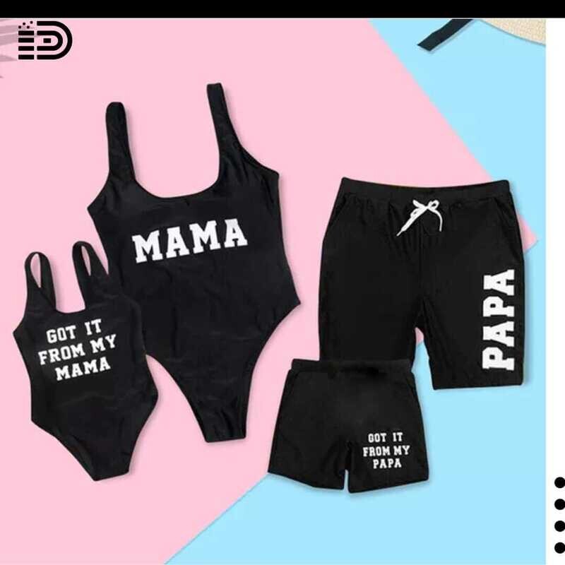 Matching Family Swimwear -  Full Black Monokini Mother/Daughter Font.   Full Black Swim Trunk with Father/Son  Font.