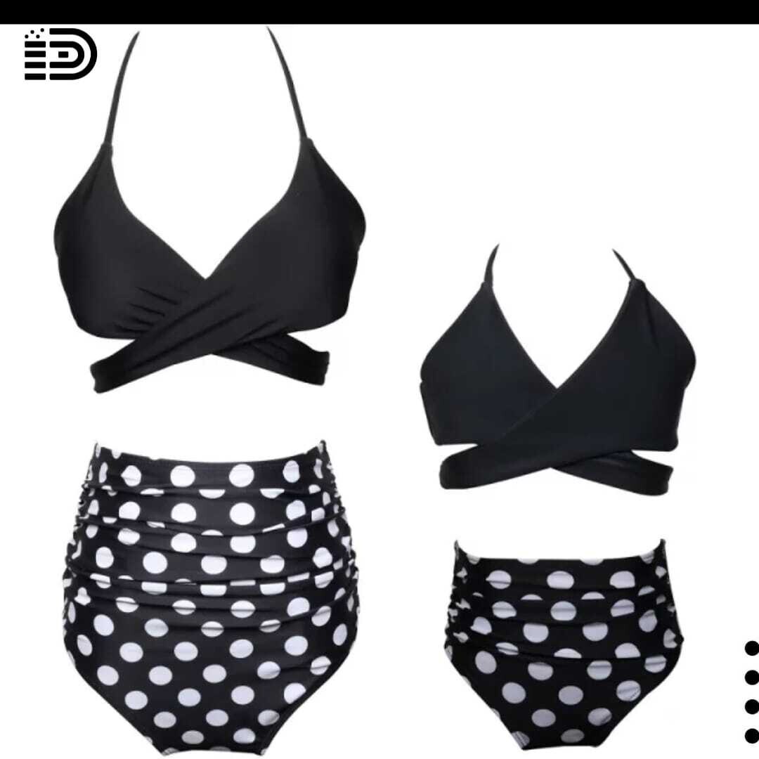 Matching Family Swimwear - Two Piece Black Ruffled Top w/ Black  &amp; pink Patterned Swim Trunks