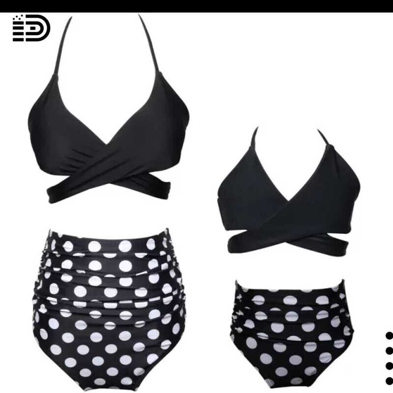 Matching Family Swimwear - Two Piece Black Ruffled Top w/ Black  &amp; pink Patterned Swim Trunks