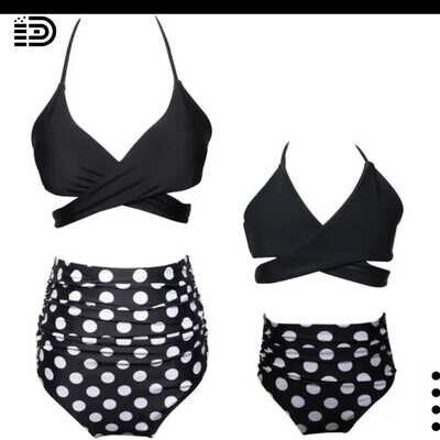 Matching Family Swimwear - Two Piece Black Ruffled Top w/ Black & pink Patterned Swim Trunks