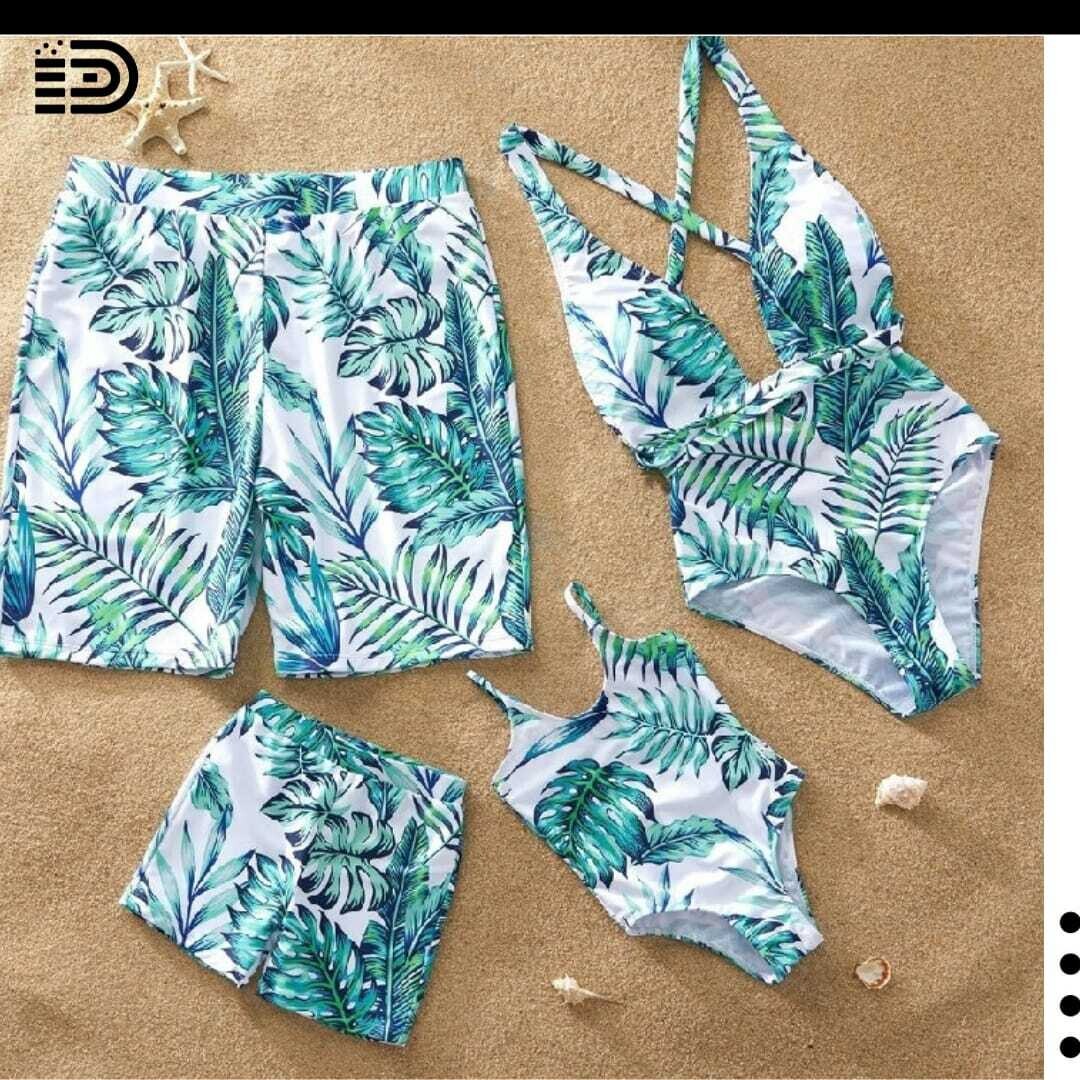 Matching Family Swimwear - Two Piece Black Ruffled Top w/ Black  &amp; pink Patterned Swim Trunks