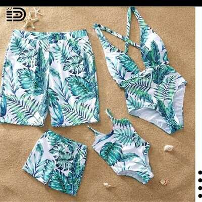 Matching Family Swimwear - Two Piece Black Ruffled Top w/ Black & pink Patterned Swim Trunks