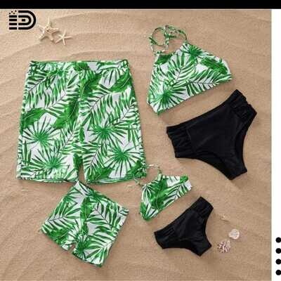 Matching Family Swimwear - Two Piece Black Ruffled Top w/ Black & pink Patterned Swim Trunks