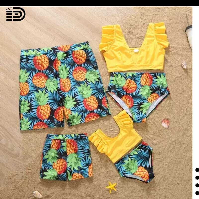 Matching Family Swimwear - Two Piece Black Ruffled Top w/ Black  &amp; pink Patterned Swim Trunks