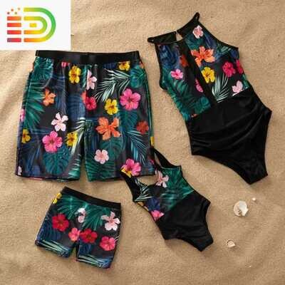 Matching Family Swimwear - Two Piece Black Ruffled Top w/ Black & Pink Patterned Swim Trunks