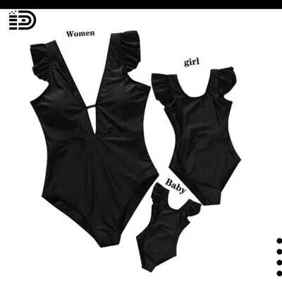 Matching Family Swimwear - Two Piece Black Ruffled Top w/ Black & Pink Patterned Swim Trunks