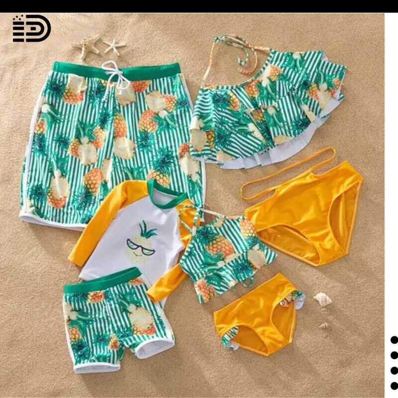 Matching Family Swimwear - Two Piece Black Ruffled Top w/ Black  &amp; pink Patterned Swim Trunks