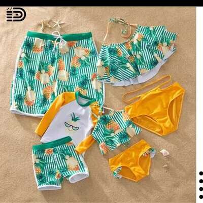 Matching Family Swimwear - Two Piece Black Ruffled Top w/ Black & pink Patterned Swim Trunks