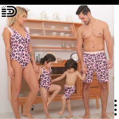 Matching Family Swimwear - Two Piece Black Ruffled Top w/ Black & pink Patterned Swim Trunks