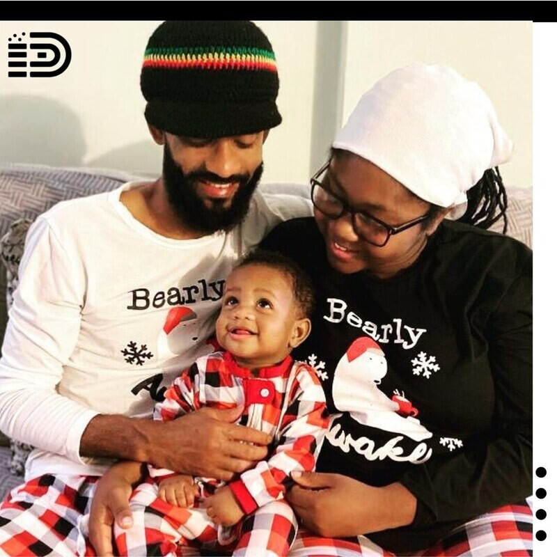 Matching Family Christmas Pajamas Set – Bear  Family. White Long Sleeve with Red, Black and White Plaid Long Pants (Female) . Black Long Sleeve with Red, Black and White Plaid Long Pants (Male)