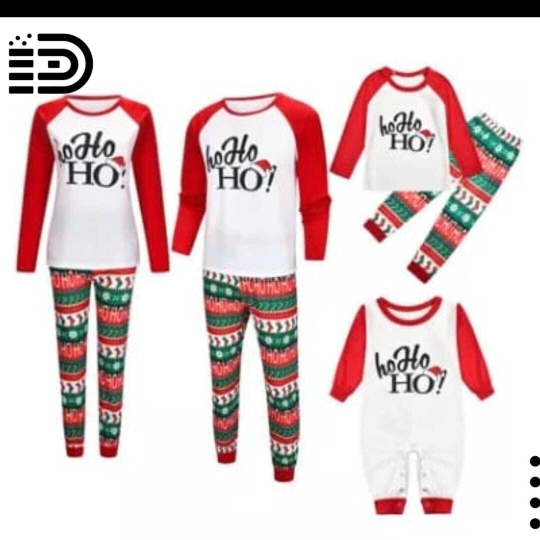 Matching Family Christmas Pajamas Set – White Top with Red Long Sleeve Tee with Red, (Ho,Ho, Ho Text). Red, Green and White Long Pants