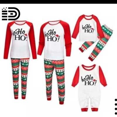 Matching Family Christmas Pajamas Set – White Top with Red Long Sleeve Tee with Red, (Ho,Ho, Ho Text). Red, Green and White Long Pants