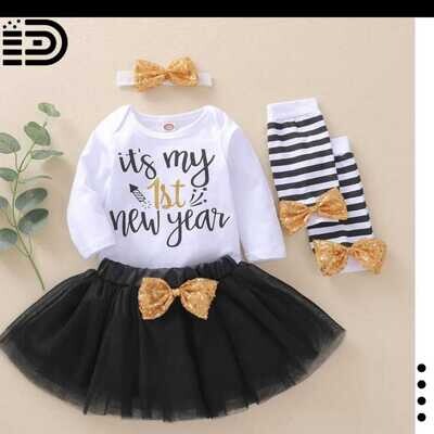 New Year Outfit - White, Black and Red Baby Girl Outfit with Black Tutu Skirt