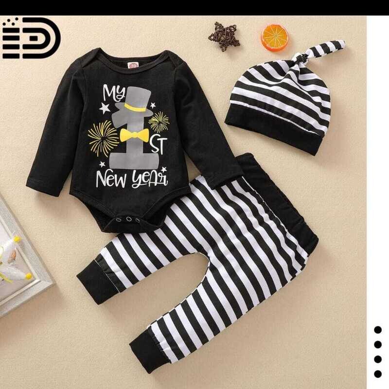 New Year Outfit - Black, Gold  and White Log Sleeve Onesie Top with Striped Pants Baby Boy Outfit