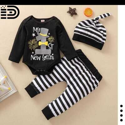 New Year Outfit - Black, Gold and White Log Sleeve Onesie Top with Striped Pants Baby Boy Outfit