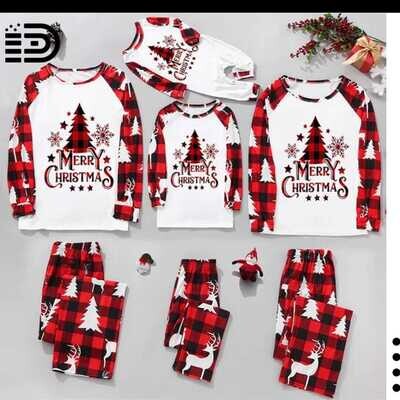 Matching Family Christmas Pajamas Set – Full White Top w/ Red, White and Black Long Pants