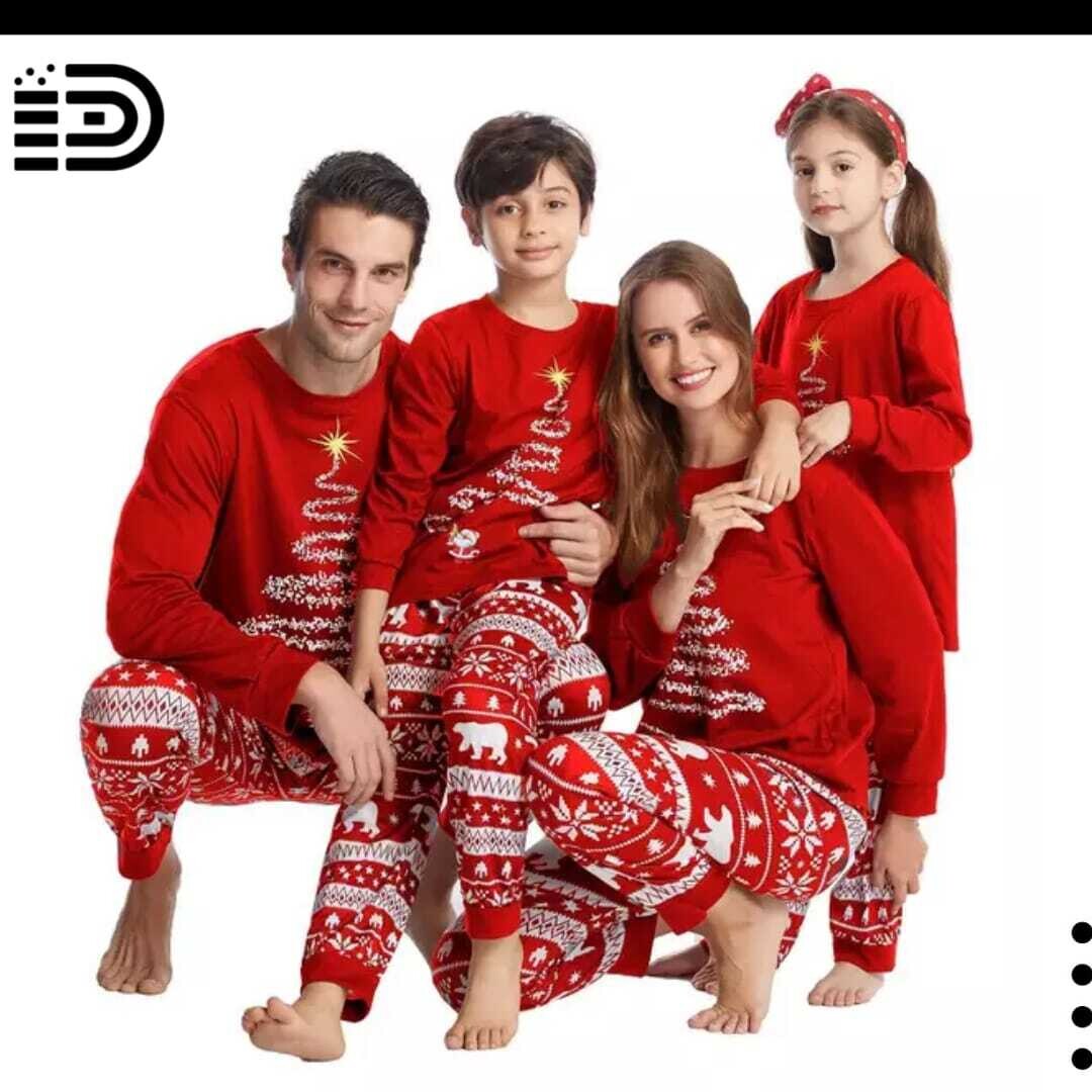 Matching Family Christmas Pajamas Set – Full Red Top w/ Red and White Pants.