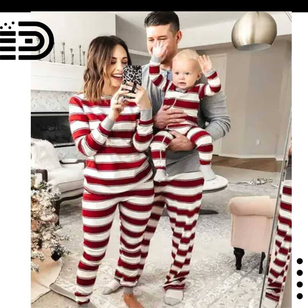 Matching Family Christmas Pajamas Set – Red &amp; White Candy Stripe (Female) /Grey, Male Top &amp; Red &amp; White Candy Stripe Long Pants