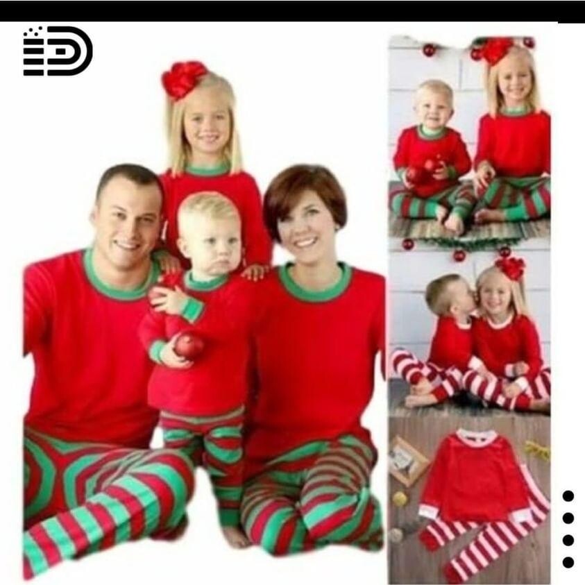 Matching Family Christmas Pajamas Set – Long Sleeve Plain Red Top with Green Trim. Red and Green Stripe Pants with Red Trim
