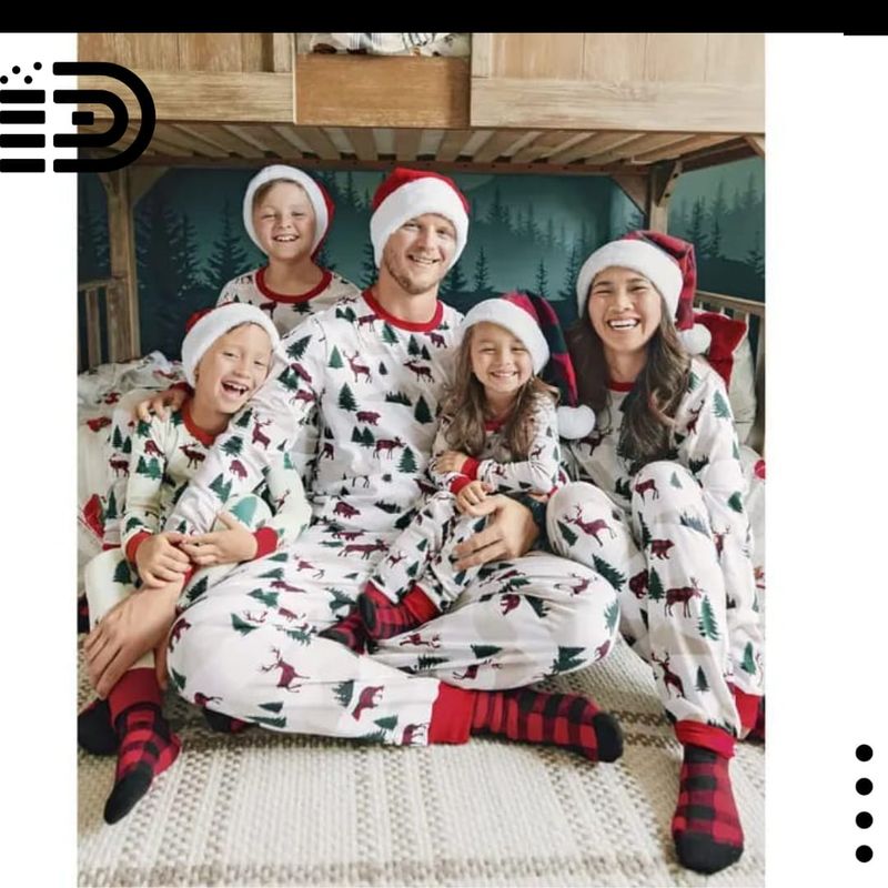 Matching Family Christmas Pajamas Set – White Classic Print, w/ Red Trim.