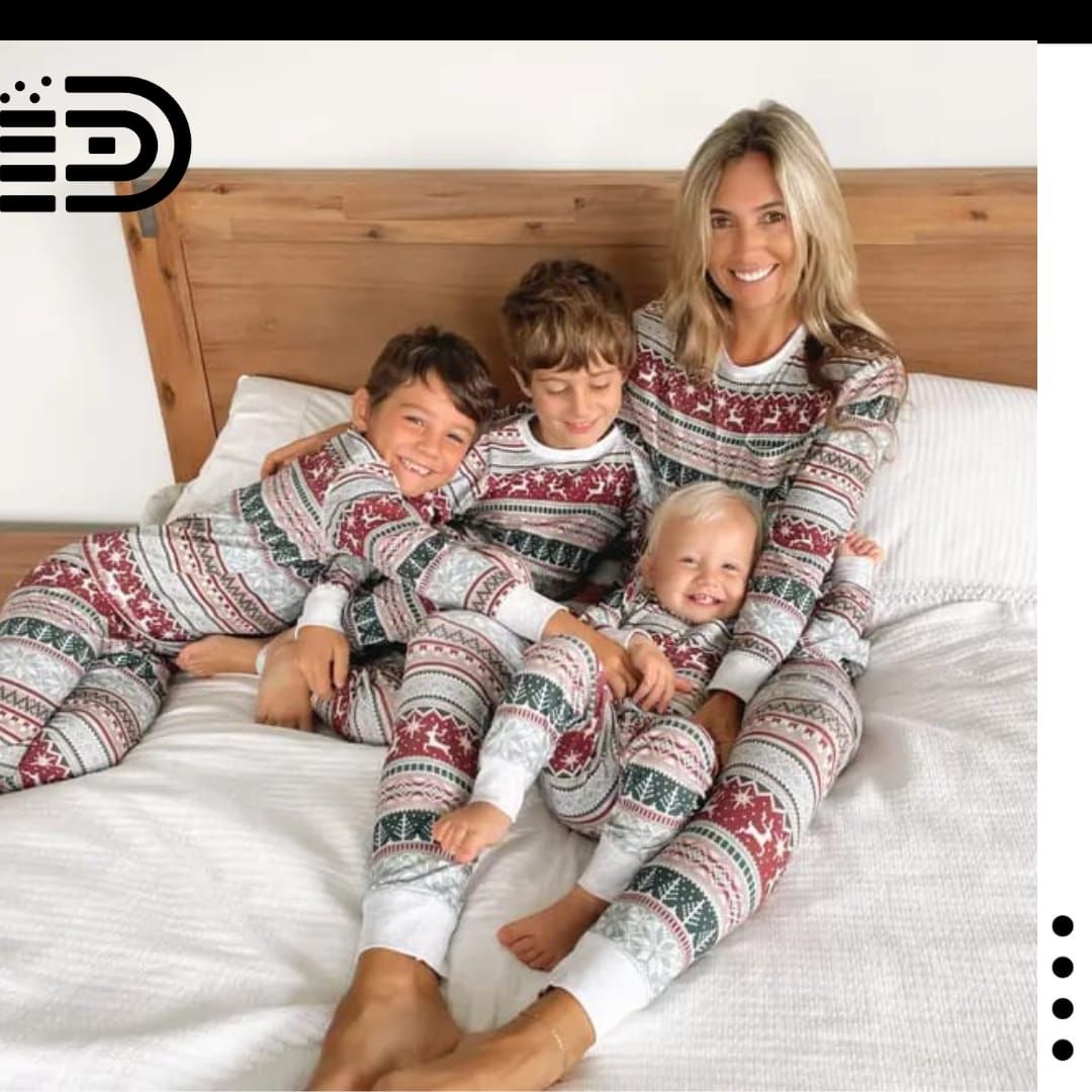 Matching Family Christmas Pajamas Set – Red, Gray &amp; Green Reindeer and Snowflake Patterned Design w/ White Trim.2