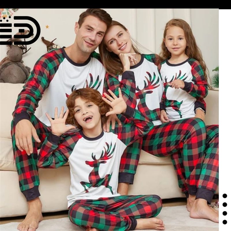 Matching Family Christmas Pajamas Set – White Top with Buffalo Plaid Long Sleeve with Green, Black &amp; Red Reindeer. Buffalo Plaid Fitted Long Pants