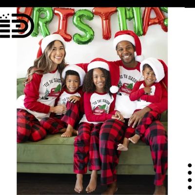 Matching Family Christmas Pajamas Set – White Top with Red Long Sleeve with Tis The Season Christmas in Black Font. Buffalo Plaid Long Pants.