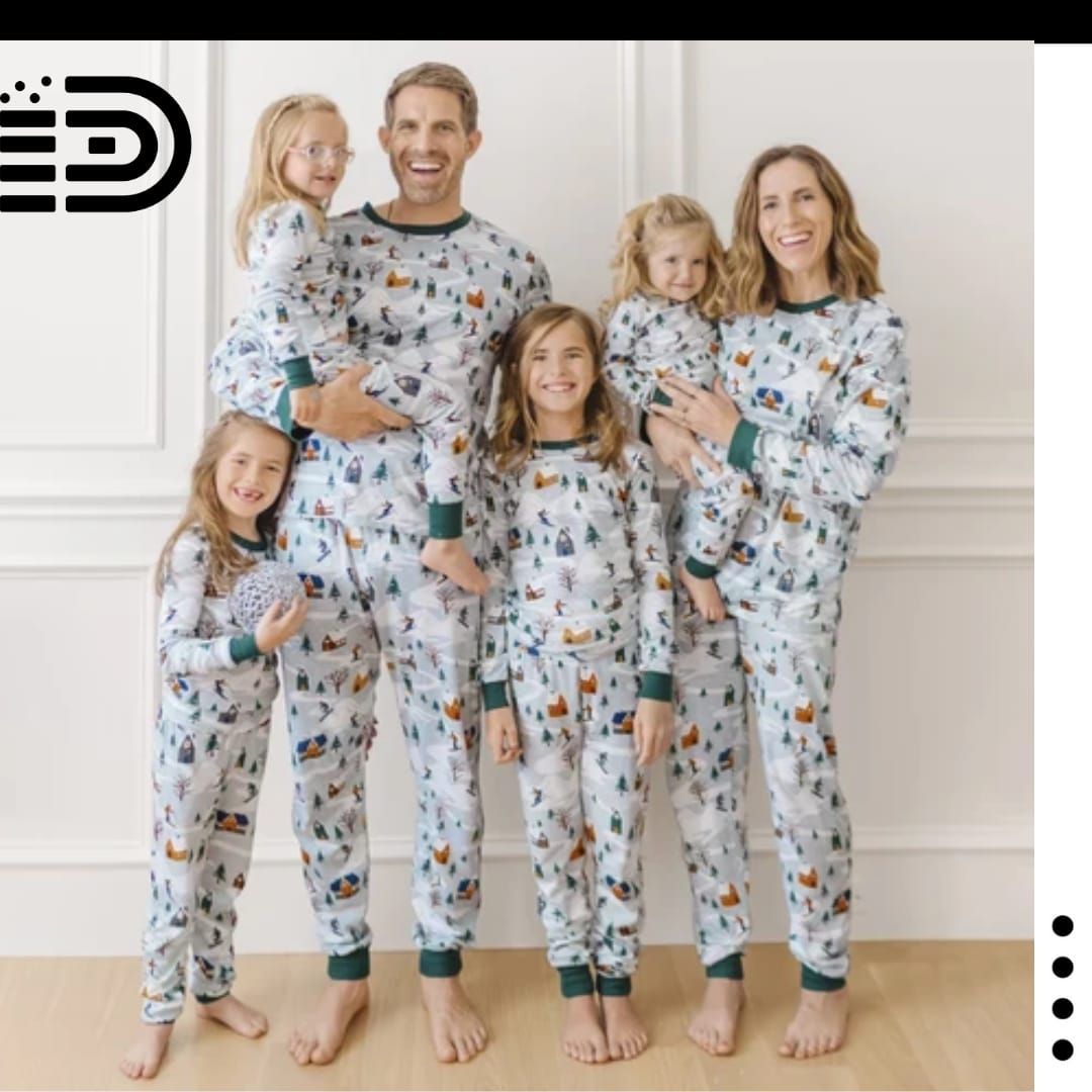 Matching Family Christmas Pajamas Set – Gray Classic Print w/Green Trim.