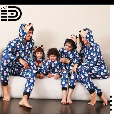 Matching Family Christmas Pajamas Set –Blue Christmas Onesie/Jumpsuit w/ White Santa Print w/ Hoodie.