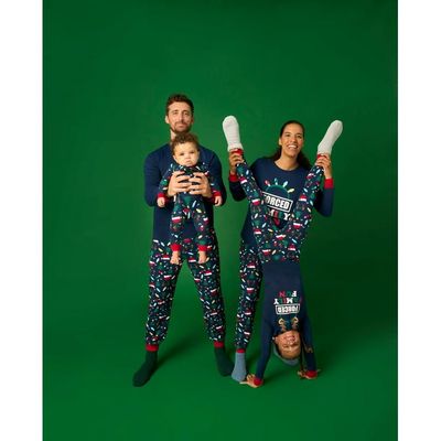 Matching Family Christmas Pajamas Set –Blue Red Print w/ Red Trim Text " Forced Family Fun".