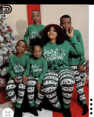 Matching Family Christmas Pajamas Set – White Top w/ Navy Blue Long Sleeve ( Bear Design). Red, Blue and White and Black Plaid Bottom.