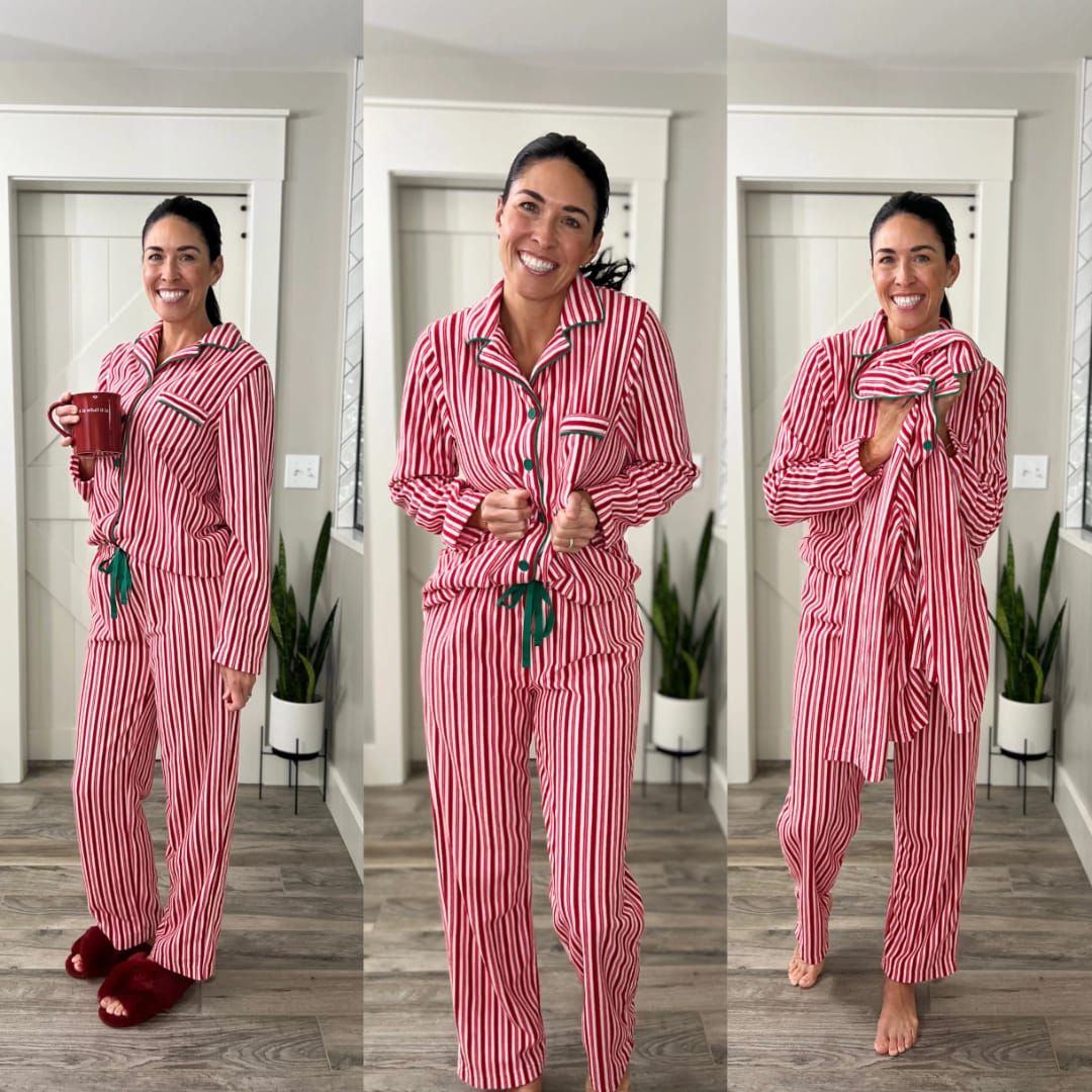 Matching Family Christmas Pajamas Set – White and Red Short Sleeve Button Front with White and Red Print Long Pants