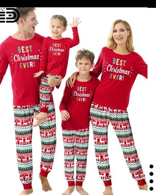 Matching Family Christmas Pajamas Set – Red & White Candy Stripe (Female) /Grey, Male Top & Red & White Candy Stripe Long Pants