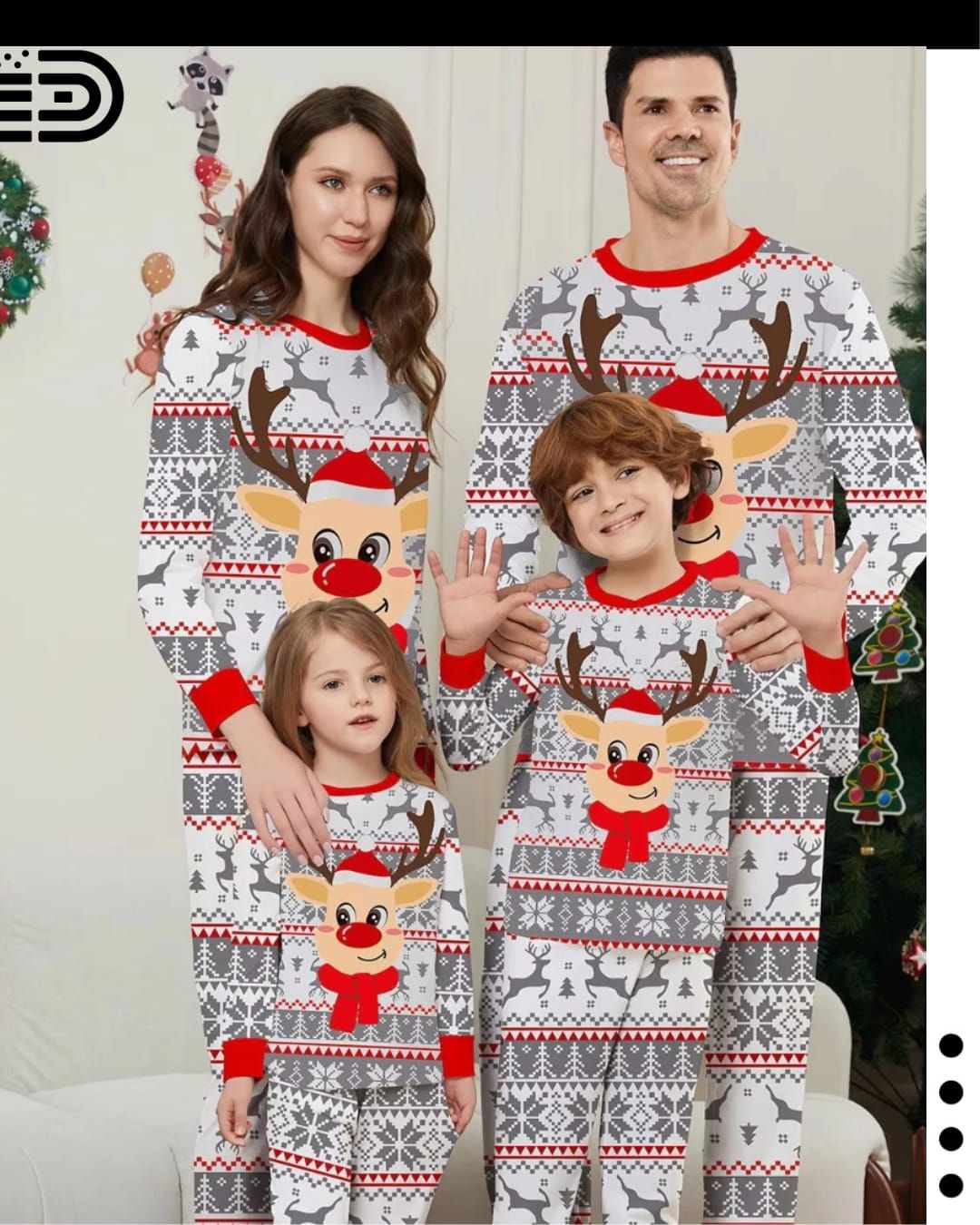Matching Family Christmas Pajamas Set – White Classic Print, w/ Red Trim.