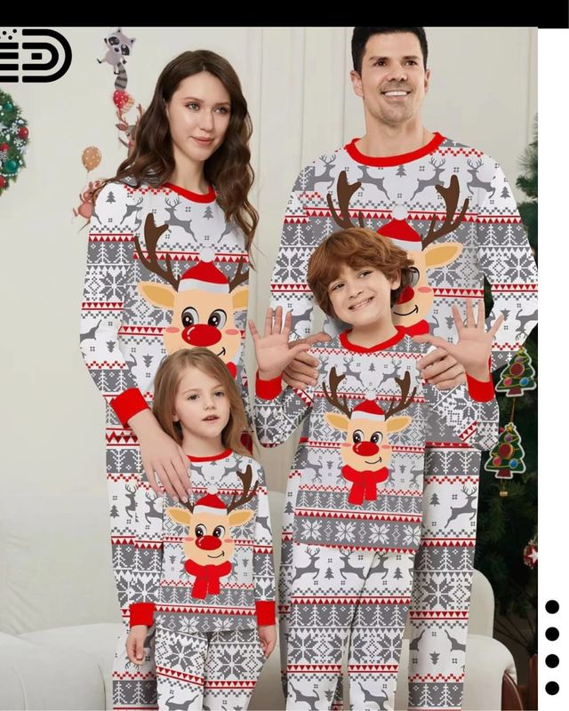 Matching Family Christmas Pajamas Set – White Classic Print, w/ Red Trim.