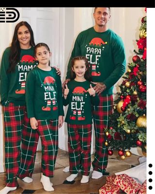 Matching Family Christmas Pajamas Set – Red & White Candy Stripe (Female) /Grey, Male Top & Red & White Candy Stripe Long Pants