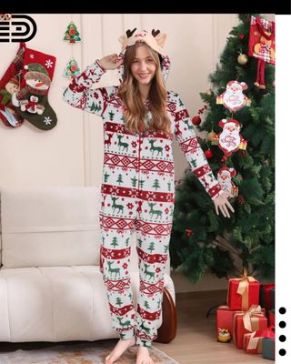 Matching Family Christmas Pajamas Set – White Top w/ Navy Blue Long Sleeve ( Bear Design). Red, Blue and White and Black Plaid Bottom.