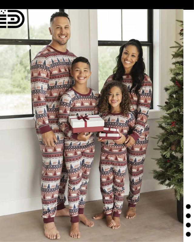 Matching Family Christmas Pajamas Set – Red &amp; White Candy Stripe (Female) /Grey, Male Top &amp; Red &amp; White Candy Stripe Long Pants