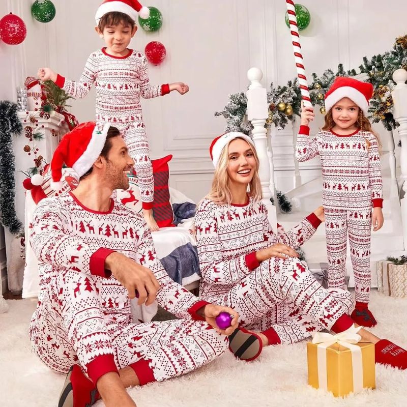 Matching Family Christmas Pajamas Set - Christmas Pajamas for Family Multi-Patterned Long Sleeve with Grey Trim and long Cotton Pants