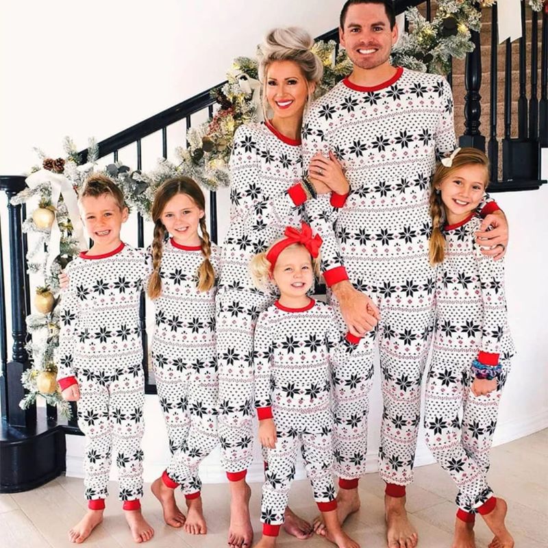 Matching Family Christmas Pajamas Set - Christmas Pajamas for Family Multi-Patterned White and Black Long Sleeve with Red Trim and long Cotton Pants