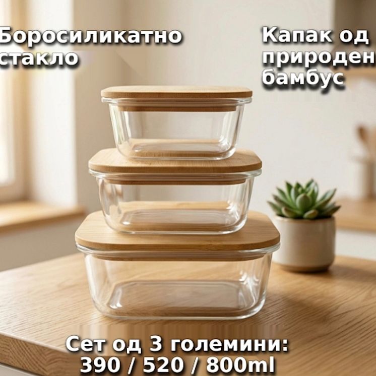Фриго стаклени садови за храна квадратни со бамбус капаци сет 3 парчиња 