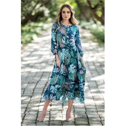 Mastik Blue Tropical Leaf Print Dress