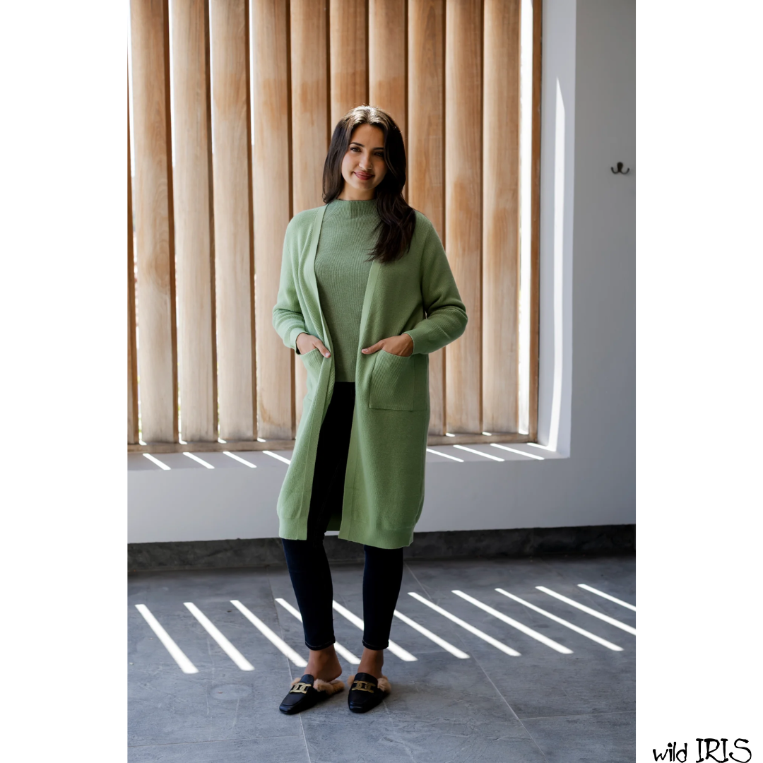 Slick-Fine Rib Pocket Cardigan, Sage