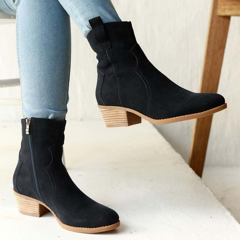 Julz Belle Leather Mid Calf Suede Boot - Navy