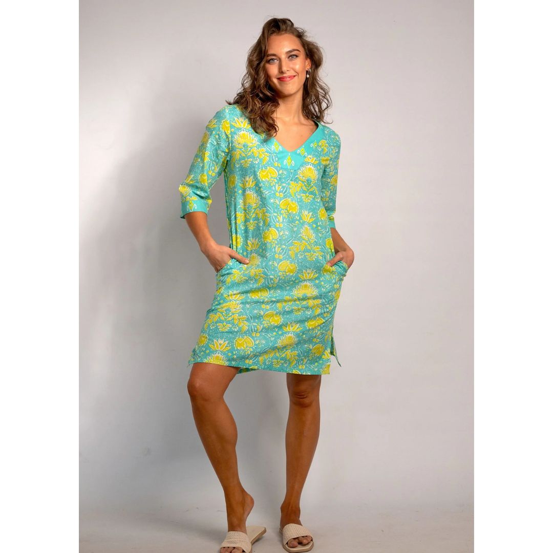 Iconic V-Neck Tunic Turq with Lime Print